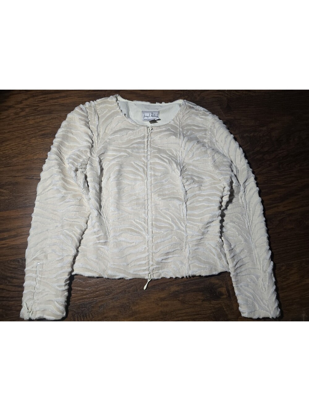 Joseph Ribkoff Womens 8 Ivory Zebra Textured Faux Fur Zip Jacket Made Canada